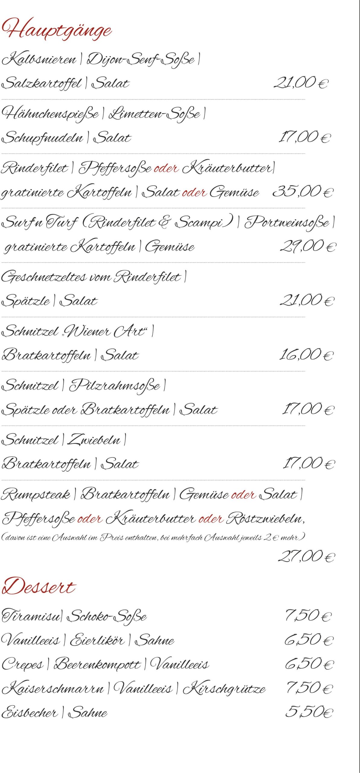 Speisekarte Hauptgänge