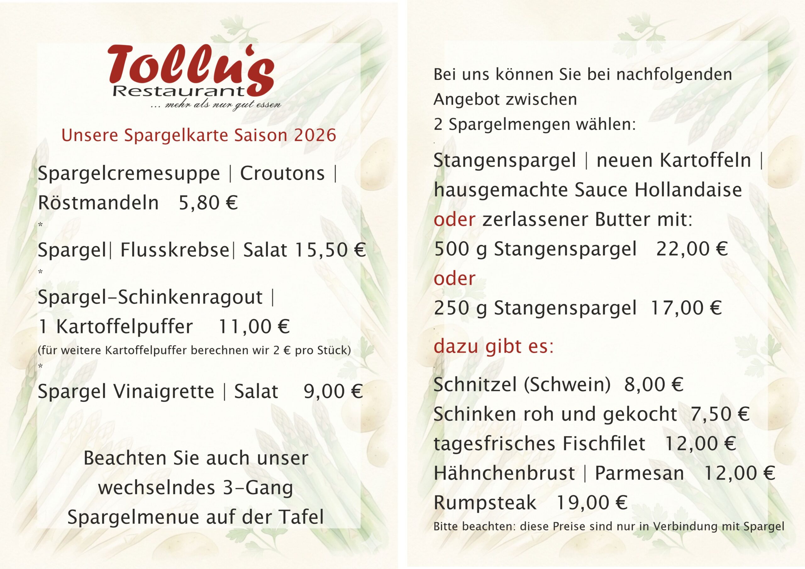 Extra Speisekarte 2026