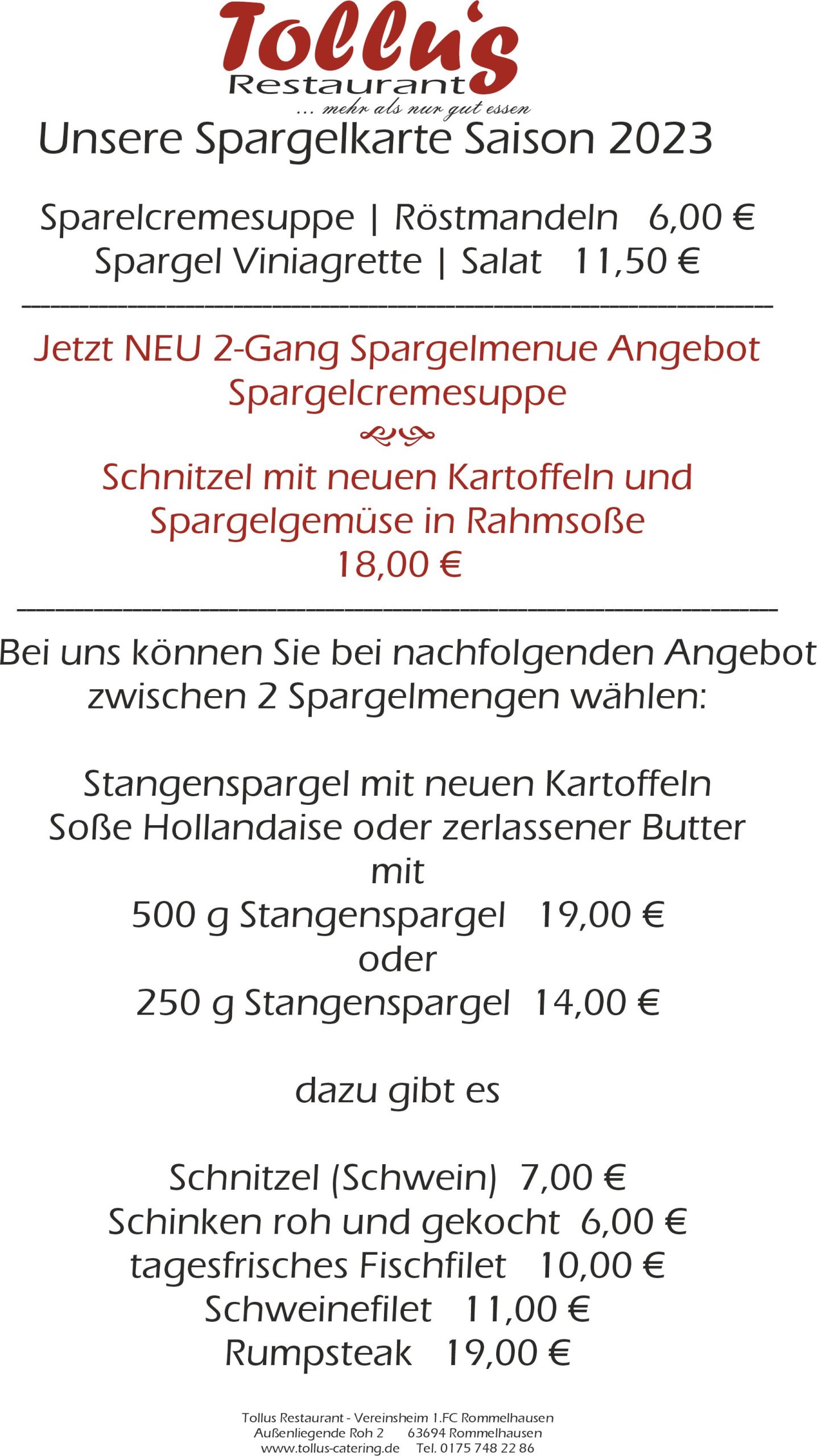 Speisekarte neu 2023 Spargelkarte